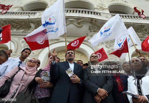 Tunisian former prime minister and Ennahda Islamist party general secretary Ali Laarayedh gives a speech during his first campaign meeting in Habib...