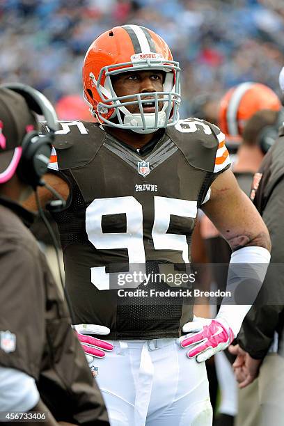 Armonty Bryant of the Cleveland Browns watches from the sideline during a game against the Tennessee Titans at LP Field on October 5, 2014 in...