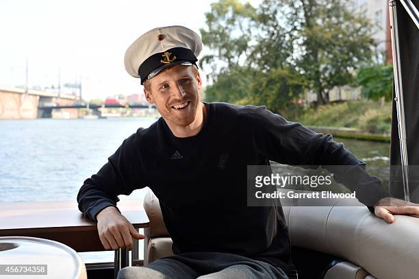 Matt Bonner of the San Antonio Spurs smiles during a boat tour of the city and as part of the 2014 Global Games on October 6, 2014 in Berlin,...