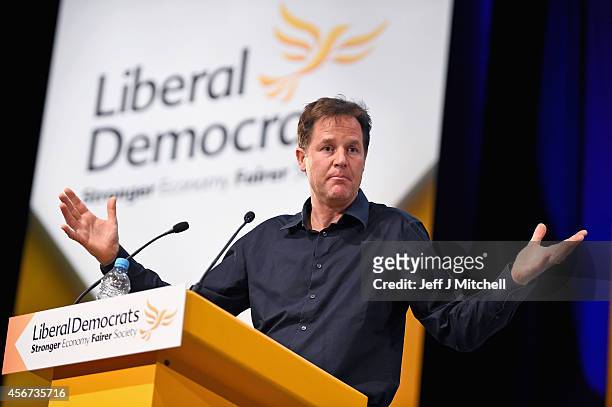 Deputy Prime Minister Nick Clegg speaks during a question and answer session at the Liberal Democrat Autumn conference on October 6, 2014 in Glasgow,...