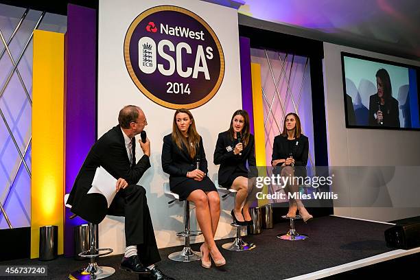 Jonathan Agnew talks to Kate Cross, Lydia Greeway and Jenny Gunn during the NatWest OSCAs at Lords on October 6, 2014 in London, England.