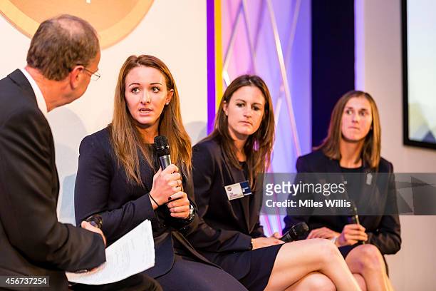 Jonathan Agnew talks to Kate Cross during the NatWest OSCAs at Lords on October 6, 2014 in London, England.