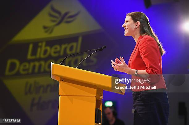 Jo Swinson MP for East Dunbartonshire addresses the Liberal Democrat Autumn conference on October 6, 2014 in Glasgow, Scotland. Delegates and...