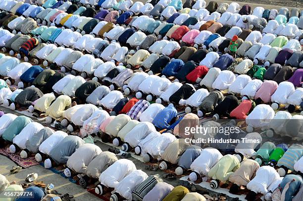 Muslims offering prayers at Moti masjid on the occasion Eid al-Adha, or the Feast of the Sacrifice on October 6, 2014 in Bhopal, India. Eid al-Adha...