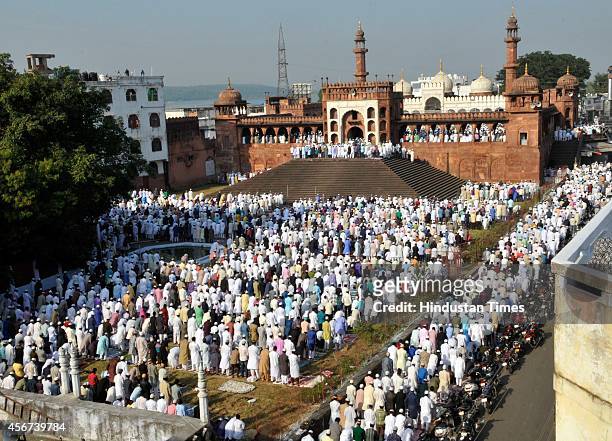 Muslims offering prayers at Moti masjid on the occasion Eid al-Adha, or the Feast of the Sacrifice on October 6, 2014 in Bhopal, India. Eid al-Adha...