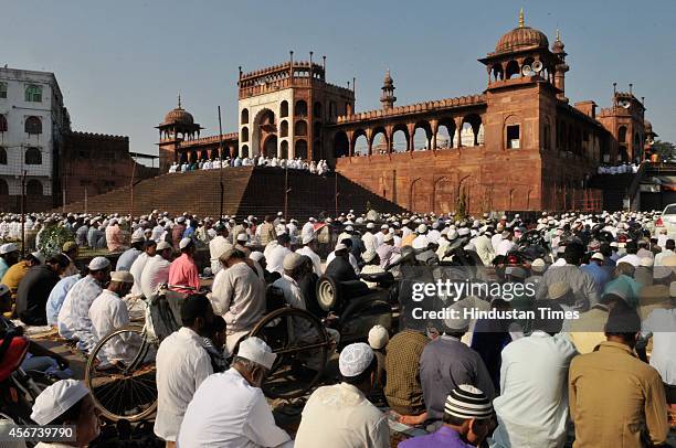 Muslims offering prayers at Moti masjid on the occasion of Eid al-Adha, or the Feast of the Sacrifice on October 6, 2014 in Bhopal, India. Eid...