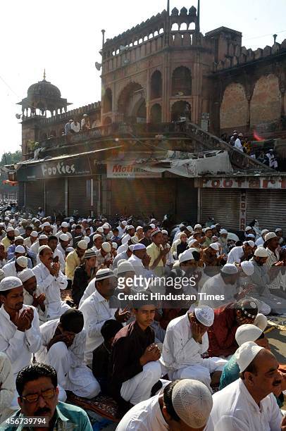 Muslims offering prayers at Moti masjid on the occasion of Eid al-Adha, or the Feast of the Sacrifice on October 6, 2014 in Bhopal, India. Eid...