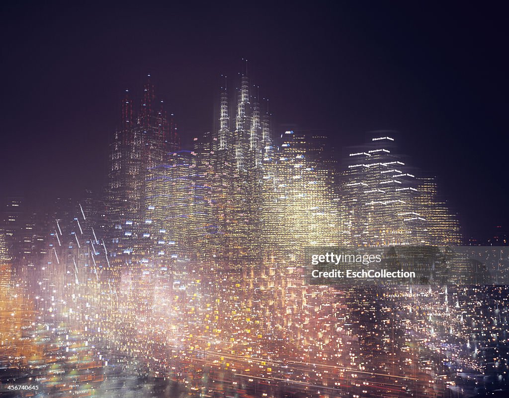 Multiple exposure image of skyline at night