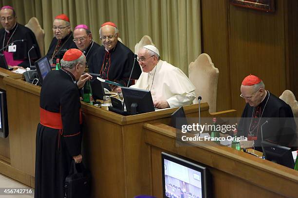 Pope Francis attends the first sessions of the Synod on the themes of family at the Synod Hall on October 6, 2014 in Vatican City, Vatican. Pope...