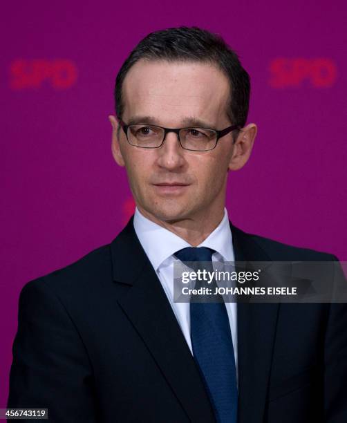 Politician Heiko Maas, designated German justice and consumer affairs ministry is pictured during a press conference during which German Social...