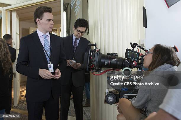 "Just Another Normal Day"-- Blake Moran left, and Matt Mahoney in behind the scenes coverage of the CBS Television Studios show Madam Secretary for...