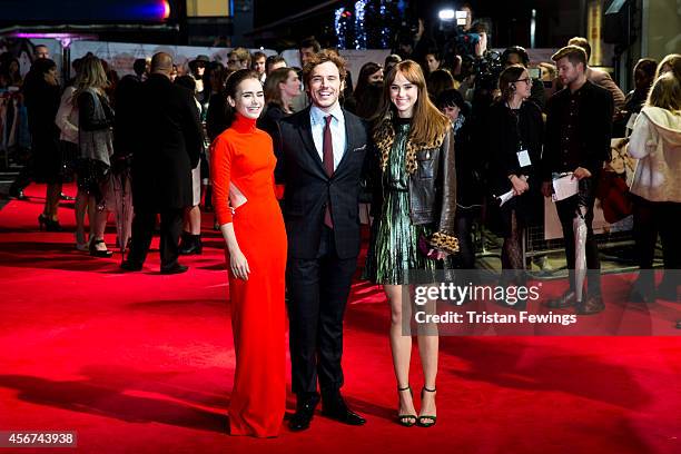 Lily Collins, Sam Claflin and Suki Waterhouse attend the World Premiere of "Love, Rosie" at Odeon West End on October 6, 2014 in London, England.