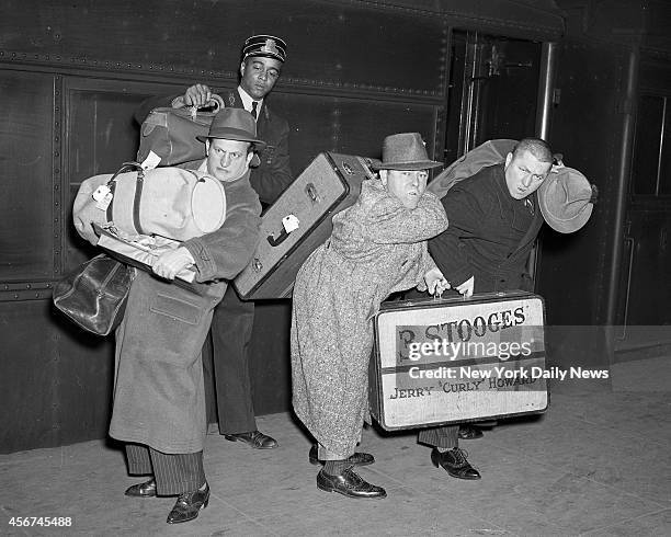 Larry Fine, Moe Howard and Jerry "Curly" Howard arrive at Penn Station.