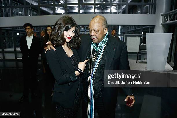 Quincy Jones is pictured with Nikki Yanofsky after being awarded Commandeur des Arts et des Lettres at Institut du Monde Arabe on October 6, 2014 in...