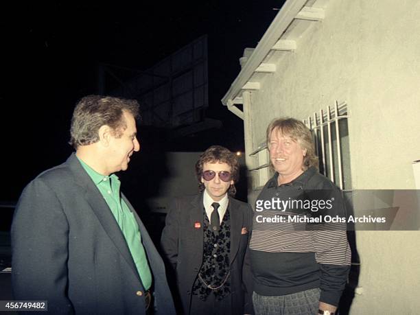 Pianist Don Randi and drummer Hal Blaine pose and producer Phil Spector for a portrait at a Hal Blaine book release party at Mr. Randi's club "The...