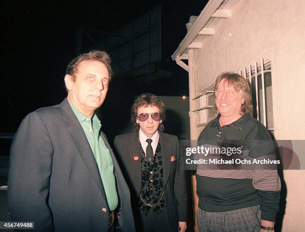 Pianist Don Randi and drummer Hal Blaine pose and producer Phil Spector for a portrait at a Hal Blaine book release party at Mr. Randi's club "The...