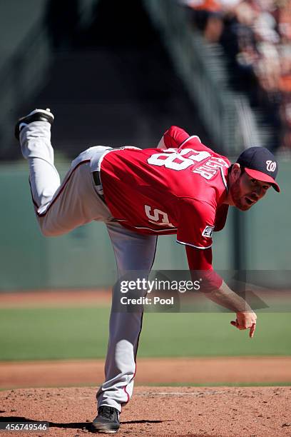 Doug Fister of the Washington Nationals pitches in the first inning against the San Francisco Giants during Game Three of the National League...