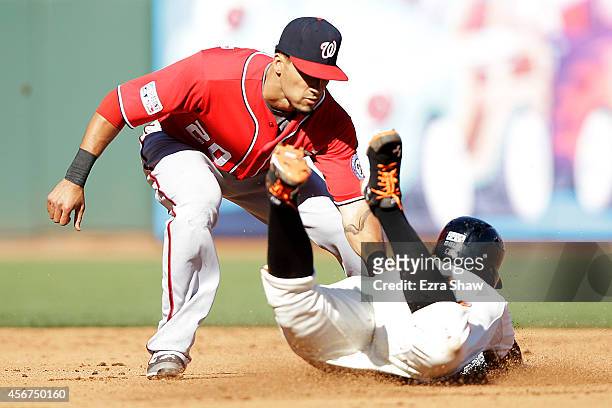 Ian Desmond of the Washington Nationals gets the out on Brandon Belt of the San Francisco Giants as he attempts to steal in the fourth inning during...