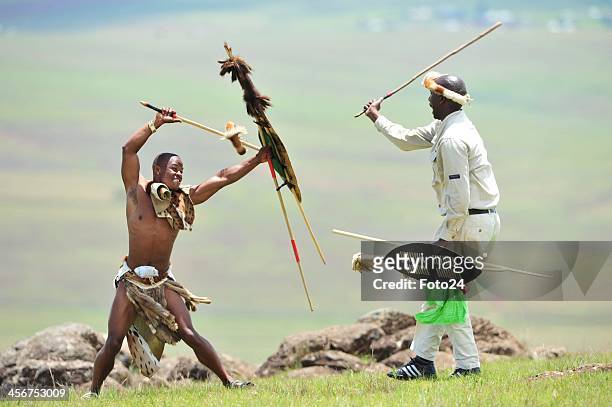 Zulu Warriors" showing their respect following Madiba's State Funeral on December 15, 2013 in Qunu, South Africa. Nelson Mandela passed away on the...