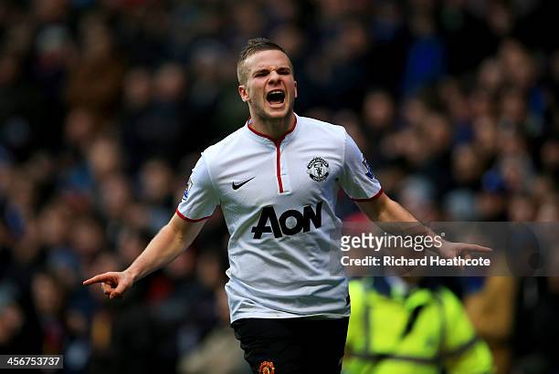 Tom Cleverley of Manchester United celebrates as he scores their third goal during the Barclays Premier League match between Aston Villa and...