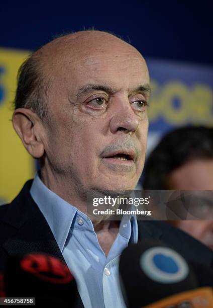 Senator Jose Serra speaks during a news conference with Aecio Neves, presidential candidate for the Brazilian Social Democracy Party, known as PSDB,...