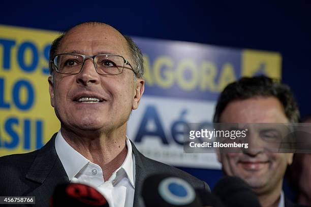 Geraldo Alckmin, governor of the state of Sao Paulo, speaks during a news conference with Aecio Neves, presidential candidate for the Brazilian...