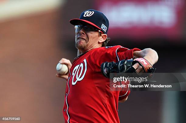 Tyler Clippard of the Washington Nationals pitches in the eighth inning against the San Francisco Giants during Game Three of the National League...