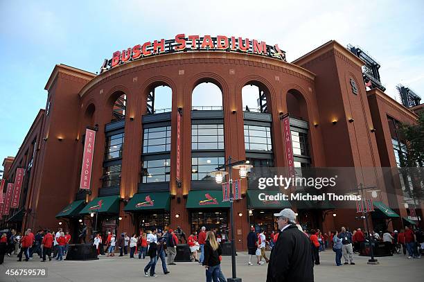 The exterior of Busch Stadium is seen before the start of Game Three of the National League Division Series between the St. Louis Cardinals and Los...