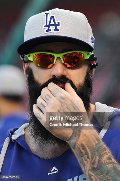 Brian Wilson of the Los Angeles Dodgers looks on before taking on the St. Louis Cardinals in Game Three of the National League Division Series at...
