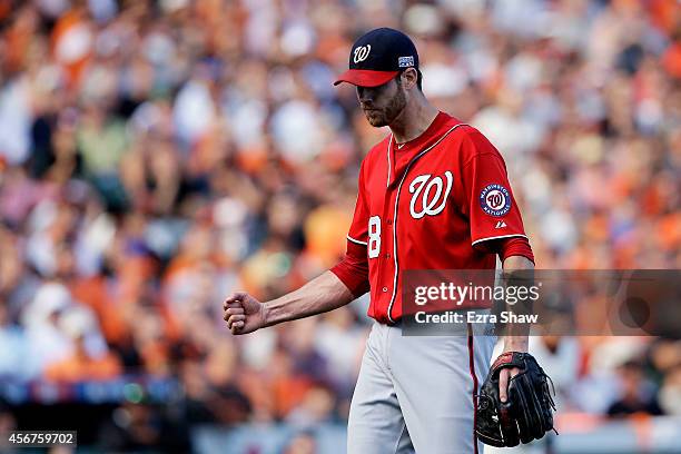 Doug Fister of the Washington Nationals reacts after the final out of the seventh inning against the San Francisco Giants during Game Three of the...