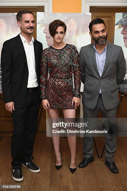 Writer/director Peter Sattler and actors Kristen Stewart and Peyman Moaadi attend the "Camp X-Ray" New York premiere at the Crosby Street Hotel on...