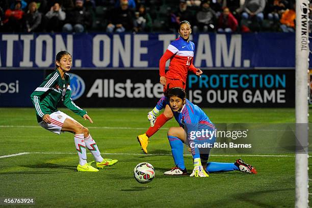Carli Lloyd of the United States takes a shot between Paulina Solis and Cecilia Santiago of Mexico during the first half of the match at Sahlen's...