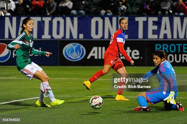 Carli Lloyd of the United States takes a shot between Paulina Solis and Cecilia Santiago of Mexico during the first half of the match at Sahlen's...