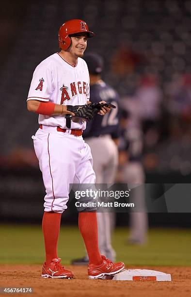 Tony Campana of the Los Angeles Angels of Anaheim smiles during the game against the Seattle Mariners on September 16, 2014 at Angel Stadium of...