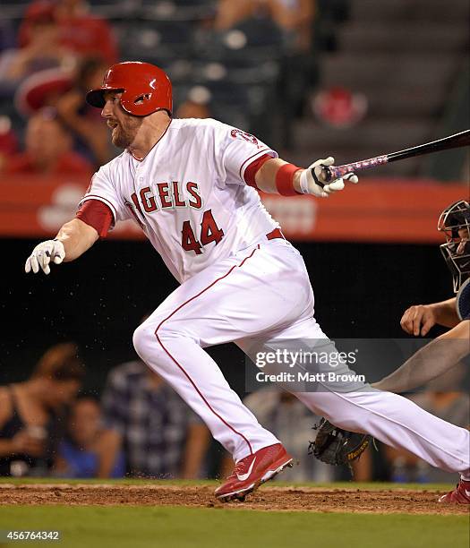 John Buck of the Los Angeles Angels of Anaheim bats during the game against the Seattle Mariners on September 16, 2014 at Angel Stadium of Anaheim in...