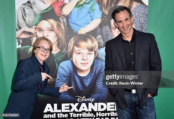 Actor Ed Oxenbould and Alexander Viorst attend the premiere of Disney's "Alexander and the Terrible, Horrible, No Good, Very Bad Day" at the El...