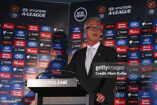 Chief executive of the Football Federation Australia David Gallop speaks during the A-League 2014-15 Season launch at Allianz Stadium on October 7,...