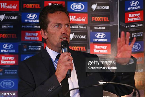 Brisbane Roar coach Mike Mulvey is interviewed on stage during the A-League 2014-15 Season launch at Allianz Stadium on October 7, 2014 in Sydney,...