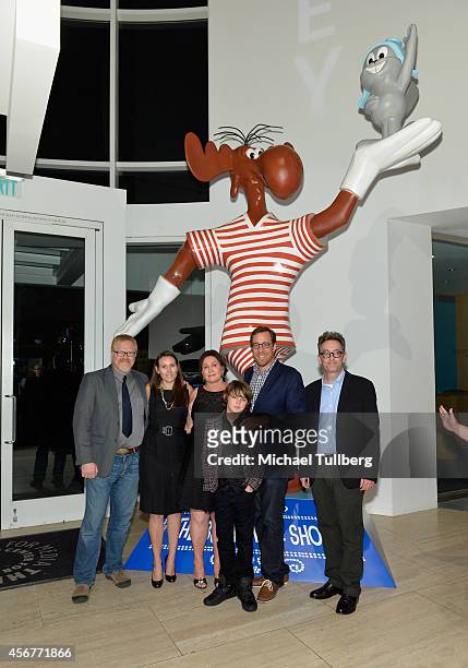 Director Gary Trousdale, guest, Bullwinkle Studios President Tiffany Ward, actor Max Charles, director Rob Minkoff and actor Tom Kenny pose in front...