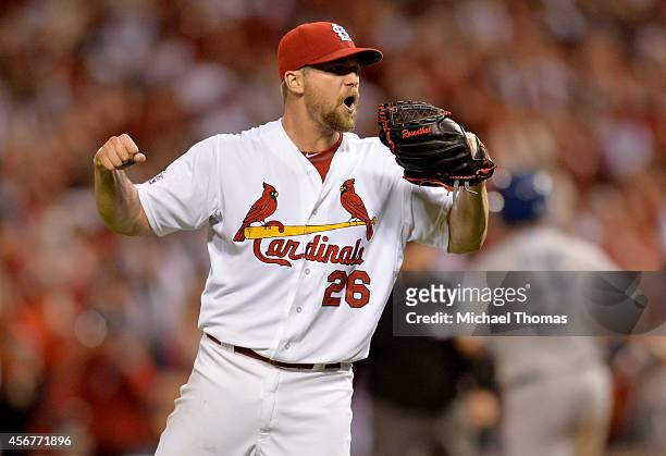 Trevor Rosenthal of the St. Louis Cardinals reacts as he gets the final out as the Cardinals defeat the Los Angeles Dodgers 3-1 in Game Three of the...