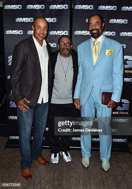 John Starks, Spike Lee and Walt 'Clyde' Frazier attend MSG Networks' 2014-15 season launch party at Catch Roof on October 6, 2014 in New York City.