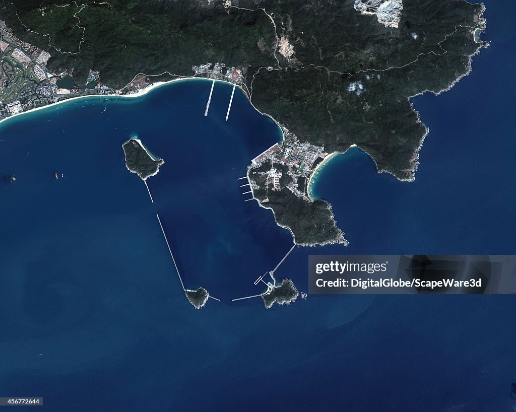 DigitalGlobe satellite imagery overview of the Yulin Naval Base.  According to several intelligence agencies, the Yulin Naval Base is an underground naval base for nuclear submarines along the southern coast of Hainan Island, People's Republic of China.