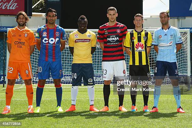 Thomas Broich of the Brisbane Roar, Marcos Flores of the Newcastle Jets, Malick Mane of the Central Coast Mariners, Spiranovic of the Western Sydney...