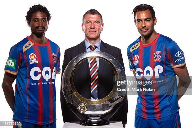 Kew Jaliens, Phil Stubbins and Marcos Flores of the Newcastle Jets pose during the A-League 2014-15 Season launch at Allianz Stadium on October 7,...