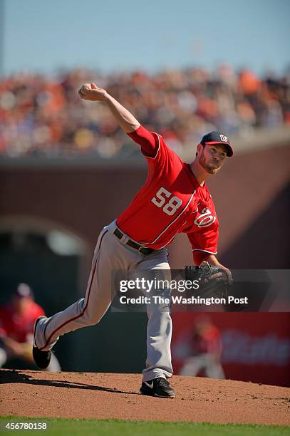 Washington starting pitcher Doug Fister as the Washington Nationals play the San Francisco Giants in game two of the NLDS playoffs at AT&T Park in...