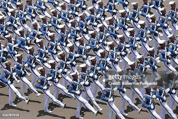 Indonesia National Military Academy cadets march during The 69th Republic of Indonesia Military Anniversary on October 7, 2014 in Surabaya,...