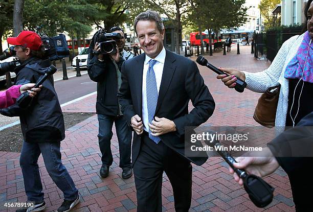 Former U.S. Treasury Secretary Timothy Geithner walks to the U.S. Court of Federal Claims October 7, 2014 in Washington, DC. Geithner will be a...