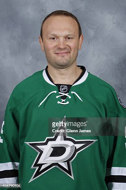 Sergei Gonchar of the Dallas Stars poses for his official headshot for the 2014-2015 season on September 18, 2014 at the American Airlines Center in...