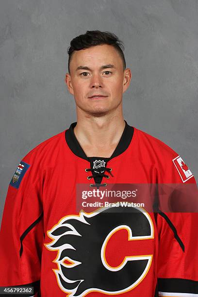 Jiri Hudler of the Calgary Flames poses for his official headshot for the 2014-2015 season on September 18, 2014 at the WinSport Winter Sport...