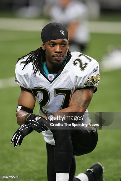 Rashean Mathis of the Jacksonville Jaguars participates in warm-ups before a game against the St. Louis Rams on October 30, 2005 at the Edward Jones...